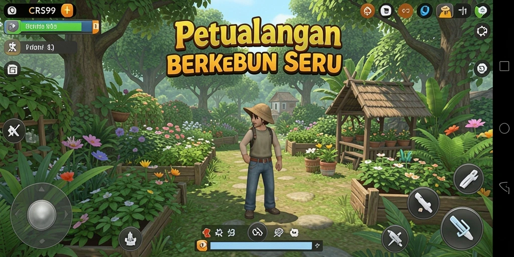 Screenshot gameplay CRS99 menunjukkan ladang indah dengan tanaman berwarna-warni.