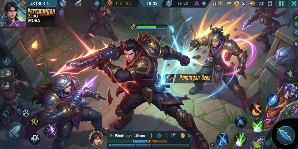 Screenshot gameplay MOBA JKT303 menampilkan aksi pertarungan seru.