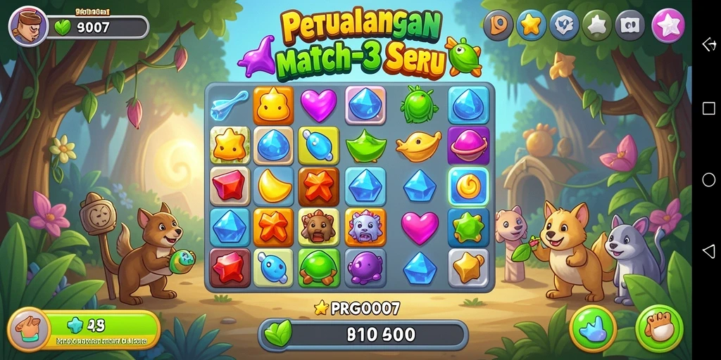 Screenshot menunjukkan gameplay seru Match-3 dengan kombinasi warna yang menarik.
