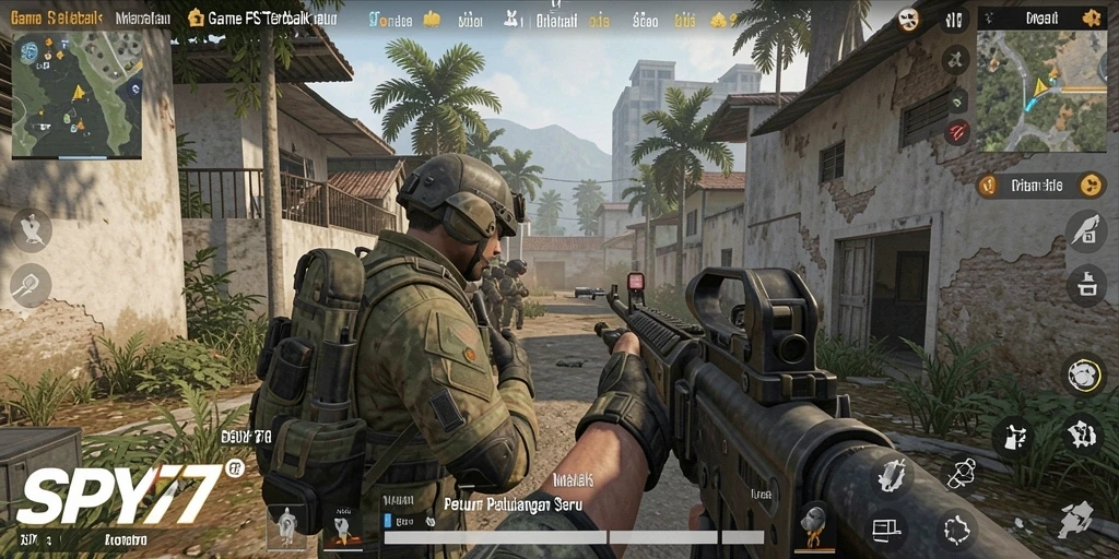 Screenshot gameplay SPY77 dengan aksi tembak-menembak yang mendebarkan.