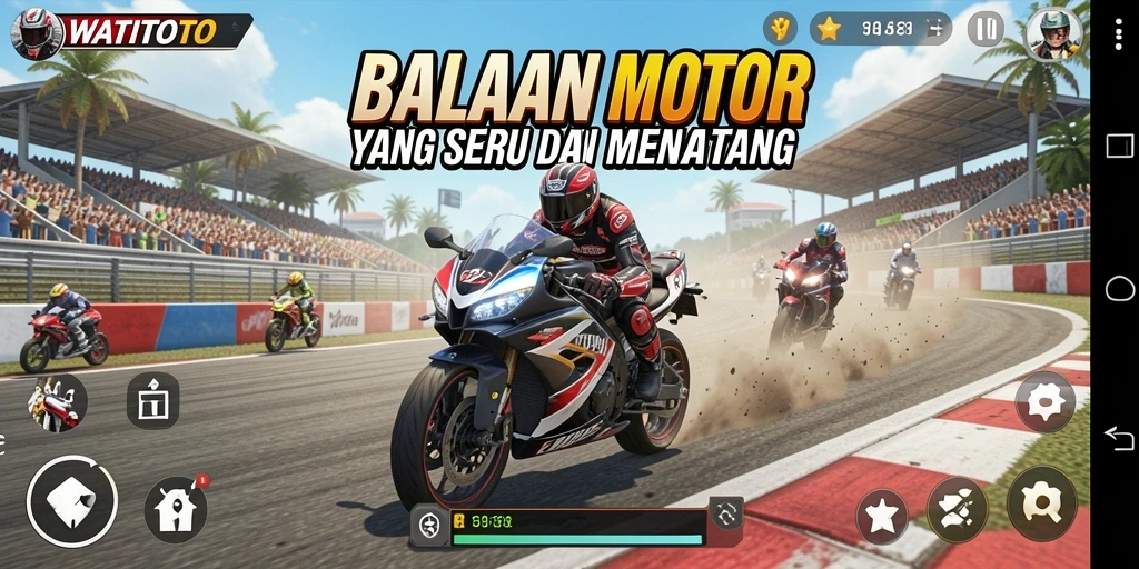 Tangkapan layar permainan WATITOTO menampilkan aksi balapan motor yang mendebarkan.